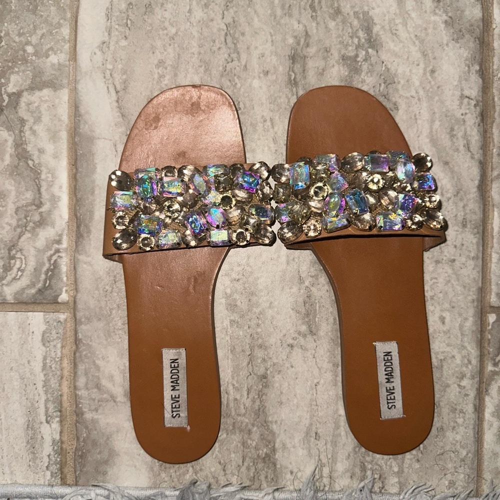 Steve Madden Briele Sandals - Tan with Iridescent Gem Embellishments